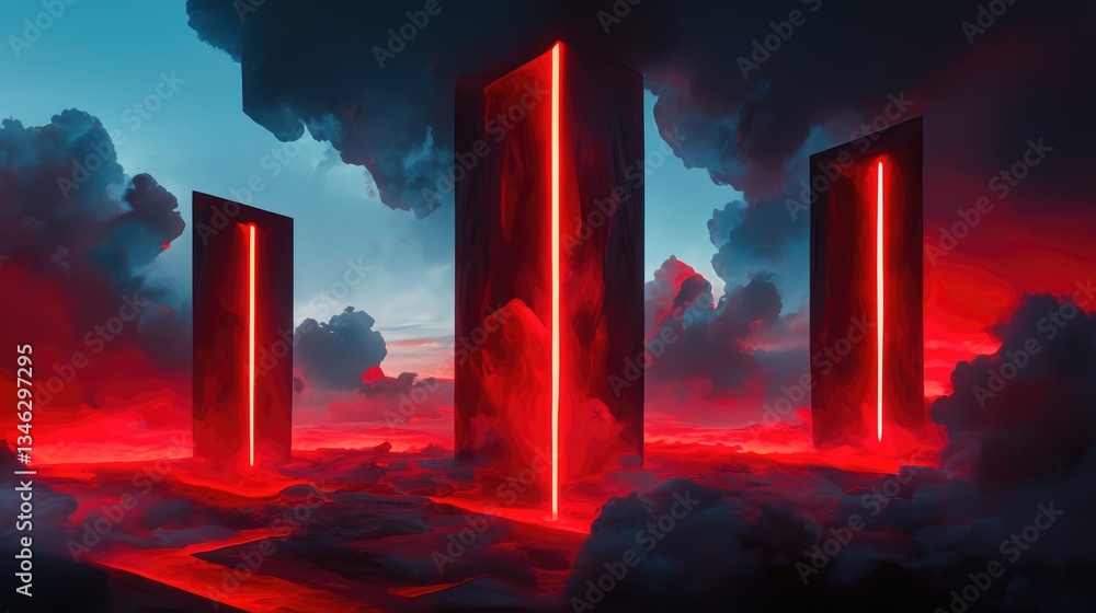 Poster three vertical structures with red neon light in a cloudy landscape