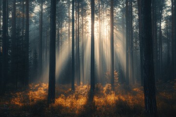 Golden rays stream through tall trees in a misty forest during early morning