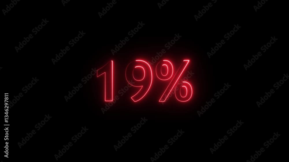 Poster 19% percent neon glowing sign on black background loop animation. 4k video text animated