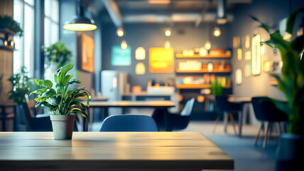 A cozy office scene, featuring indoor plants and warm lighting. Great place for work and relax. Modern interior design.