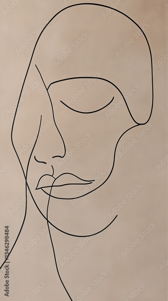 Poster simple and elegant line art portrait of a face on a beige textured background. the minimalist design