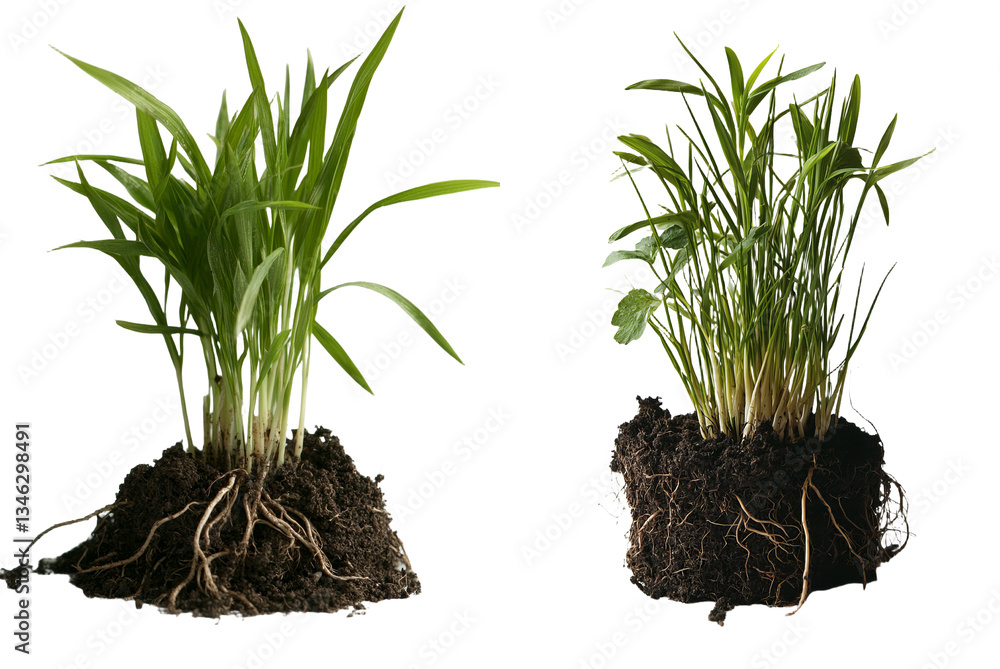 Poster isolated on white, a side view of green wheat in its youthful spring stage with surrounding soil