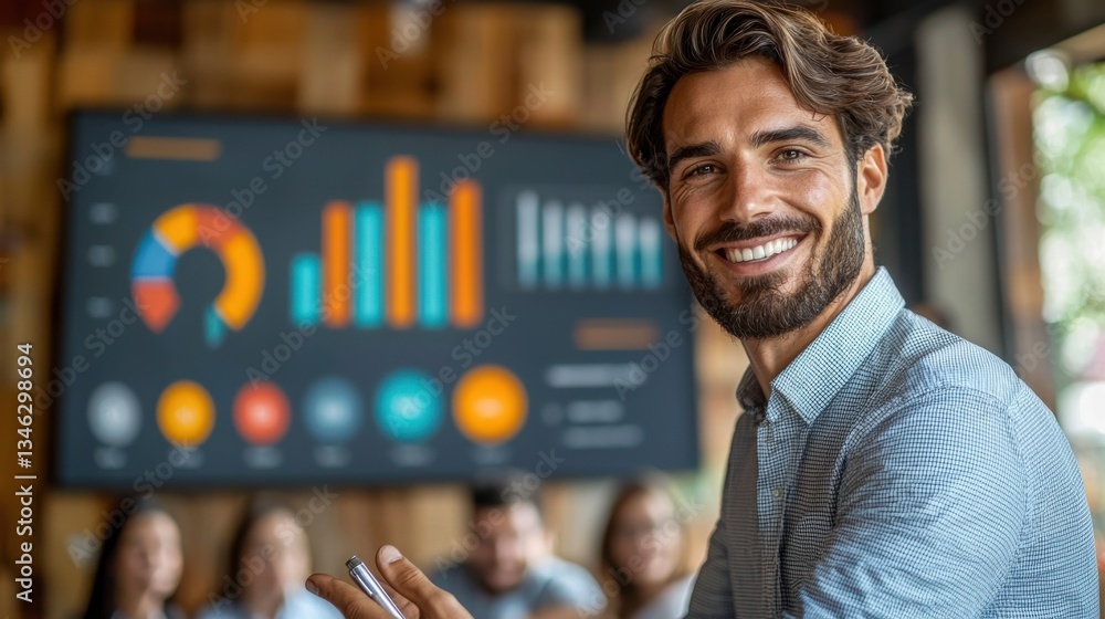 Aufkleber business meeting highlights with a smiling professional in front of data visuals and teamwork