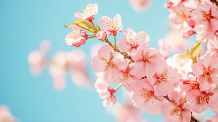 Pink Cherry Blossom Branch Against Clear Blue Sky Background