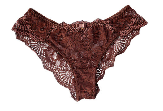 Beautiful women's brown panties without a background. sexy underwear. Elegant red women's underwear, top view