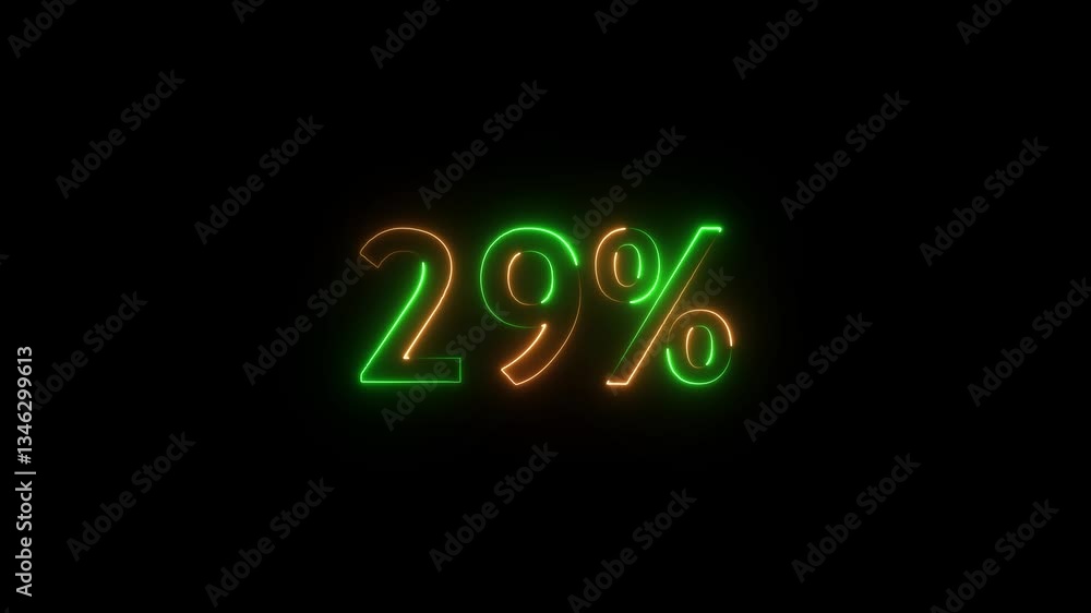 Poster 29% percent neon glowing sign on black background loop animation. 4k video text animated