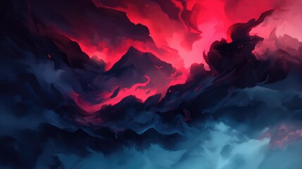Abstract artistic rendering depicting fiery mountains and dramatic skies above