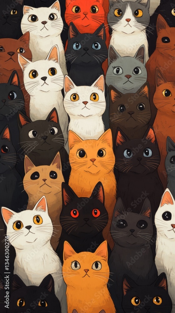 Poster many colorful cats staring with curiosity, creating a captivating scene