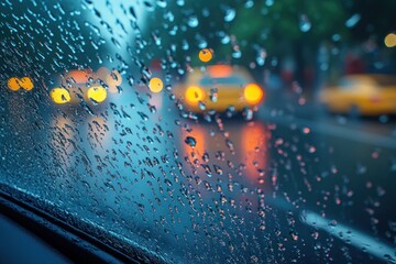 Blurred Traffic Scene Through Rain-Soaked Windshield