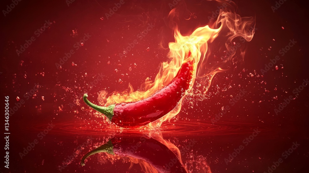 Poster dynamic image of a vibrant red chili pepper engulfed in flames, surrounded by splashing water drople