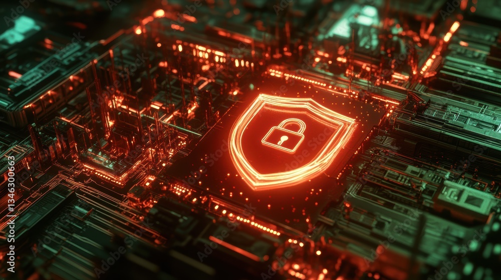 Aufkleber futuristic glowing shield symbol on complex web of digital circuitry