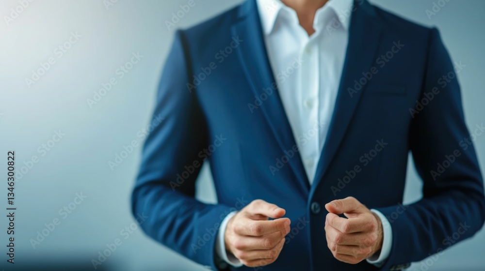 Poster a business professional in a suit demonstrating various body language techniques and gestures for ef