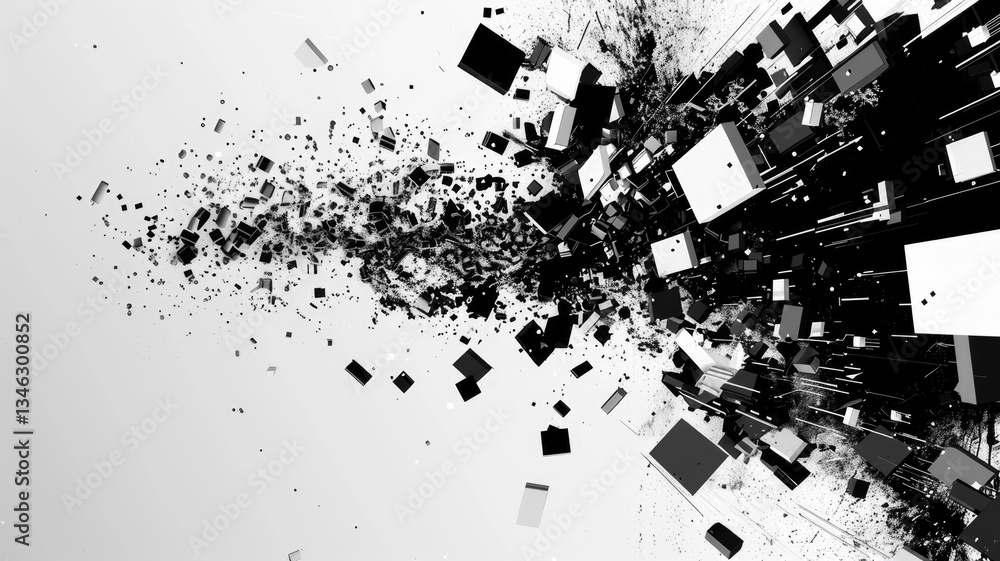 Poster exploding black and white cubes in motion. dramatic and intense visual effect. digital artwork of wh