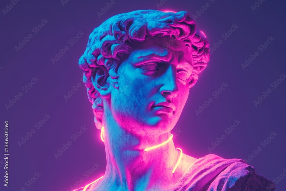 Poster classical white plaster statue illuminated by neon lights creating a vaporwave style effect