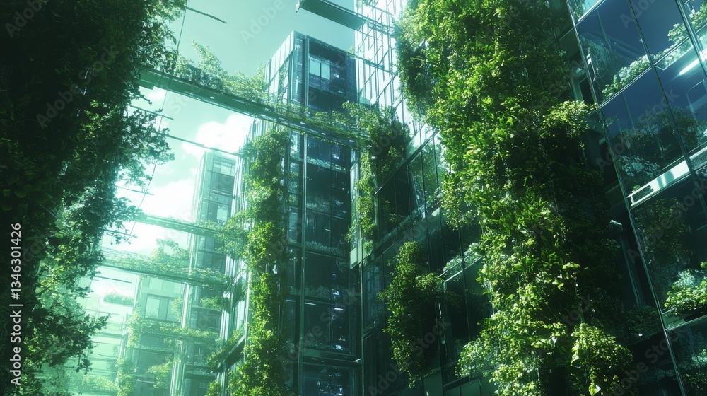 Poster a futuristic city featuring modern glass structures adorned with cascading vertical greenery, blendi