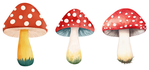 A bright and colorful drawing of a fly agaric mushroom in watercolor, presented on a white background, embodies the spirit of a hippie illustration with a distinct retro flair from the 60s-70s era