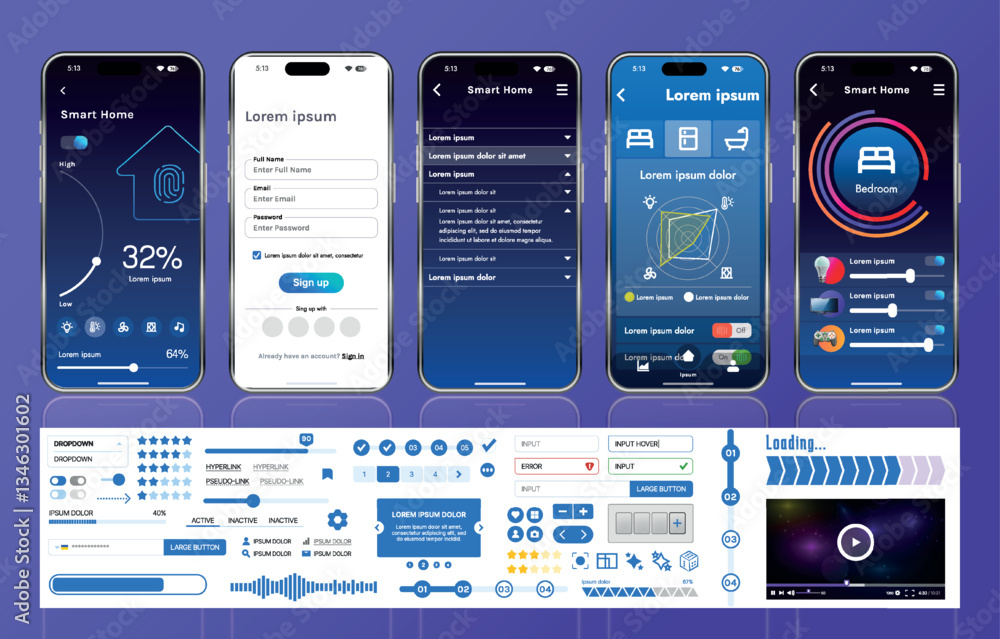 Poster a set of ui ux elements for smart home management mobile apps: an interface with buttons, panels, gr