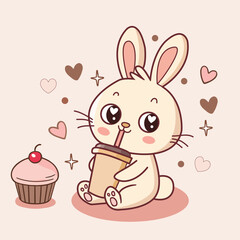 Cute  bunny character holding coffee mug and cupcake