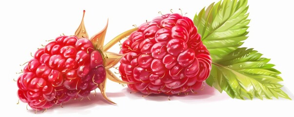 Red raspberry, with tiny seeds, juicy and sweet, flat design, white background, sharp details, 4K hyperrealistic illustration