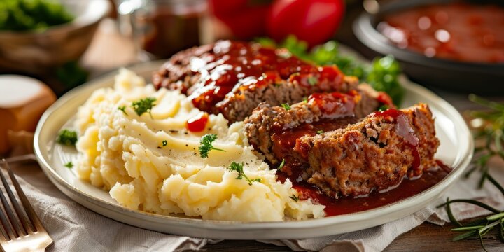 Plate of classic American meatloaf with mashed potatoes and gravy on a family dinner table, 4K hyperrealistic photo.