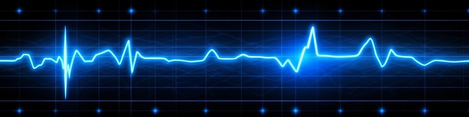 Glowing Blue EKG Heartbeat Graph On Dark Background, Minimalist Design, Electrocardiogram