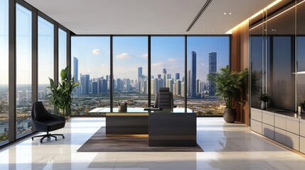 Fototapeta premium Front view of modern empty office with panoramic skyline view in bright daylight, spacious office with glass desk and large window showing dynamic city skyline under bright daylight,