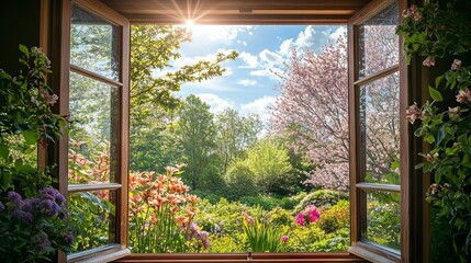 Beautiful view from the window of the spring garden 