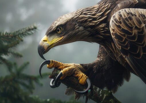 Majestic eagle grips a branch in a misty forest setting.