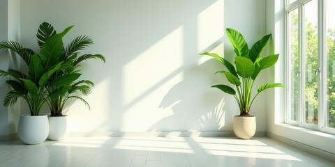 Sunlight Illuminates Lush Greenery in a Minimalist Interior Setting Featuring Two Potted Plants