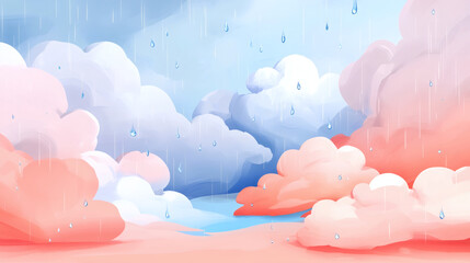 Obraz premium Gentle rain falls from soft, pink and blue clouds in a tranquil sky, creating a peaceful atmosphere perfect for reflection and daydreaming