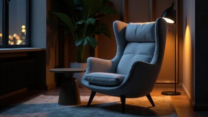 Serene Evening in a Cozy Living Room with a Comfortable Armchair and a Warm Ambient Light