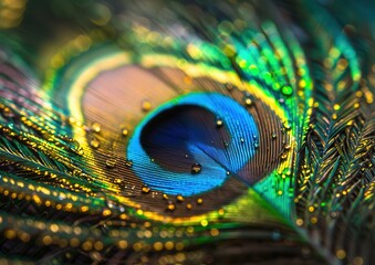 Close-up of a vibrant peacock feather with water droplets.