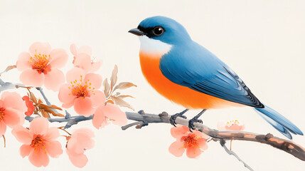 A vibrant blue bird with an orange chest stands on a delicate cherry blossom branch. Soft pink flowers bloom around it, symbolizing spring's beauty and renewal