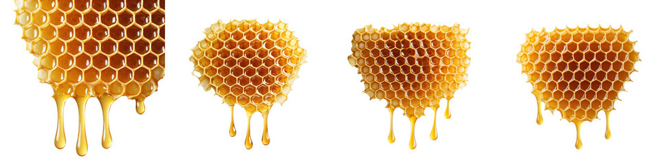 Close up views of a natural golden honeycomb with its sweet viscous honey dripping and flowing from the hexagonal wax cells