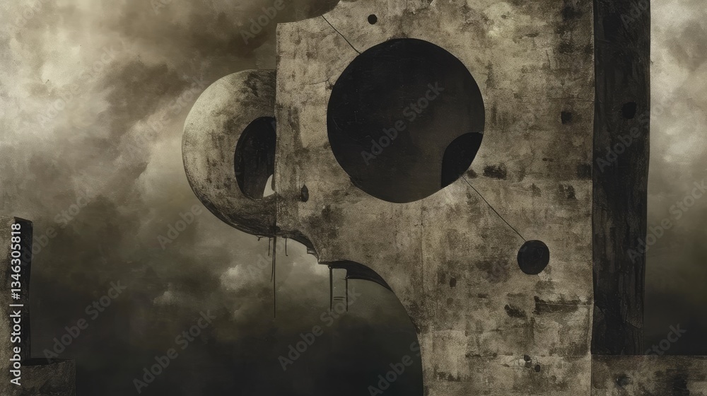 Poster surreal architectural structure with circular apertures under ominous skies