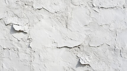 Obraz premium A textured white plaster wall with peeling paint, showcasing a weathered and rustic surface perfect