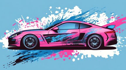 A bright pink sports car is decorated with colorful splashes of paint