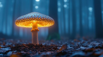 A luminous mushroom glows in a mysterious foggy forest setting