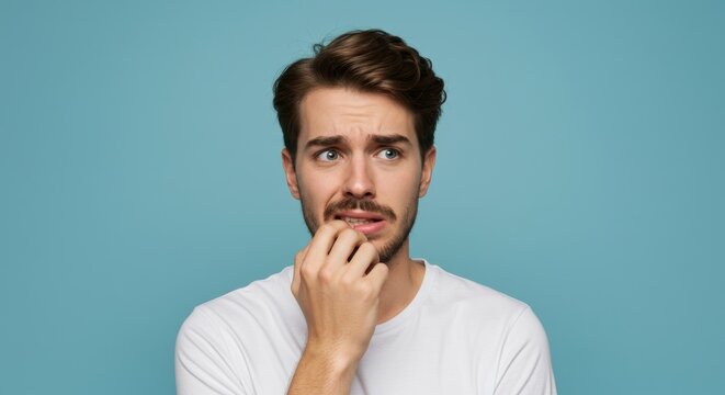 Anxious man biting his nails.