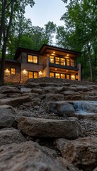 Obraz premium Modern house nestled in a wooded area, illuminated at dusk, with a cascading waterfall feature in the foreground.