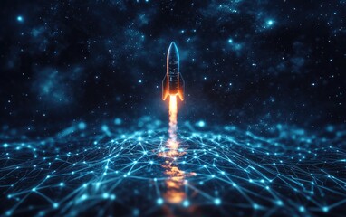 Rocket launching into a digital network.  A futuristic rocket takes off, leaving a trail of fire, over a network of interconnected lines, against a backdrop of space