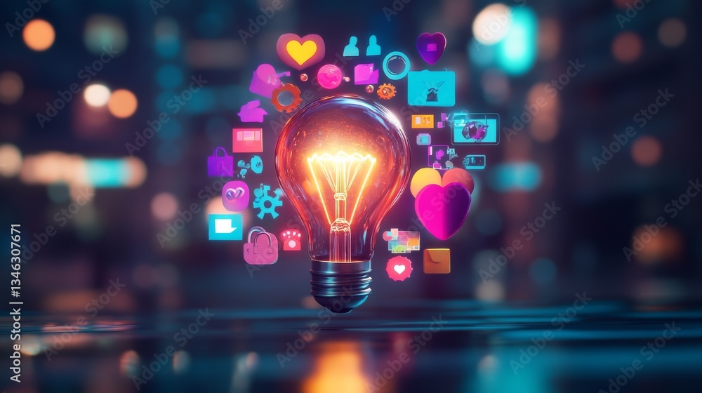 Poster glowing light bulb with vibrant app icons in a nighttime urban setting, representing creativity, inn