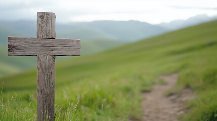 Weathered wooden cross on grassy hill under overcast sky