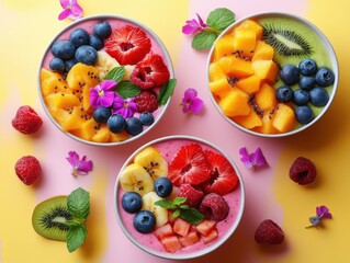 Overhead view of three smoothie bowls topped with fresh fruit on a pink and yellow surface. The composition includes berries flowers and kiwi.
