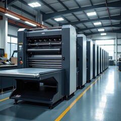 Vintage Heidelberg GTO 5242 Printing Machine in Factory Illuminated. A row of heidelberg printing machines in a factory.