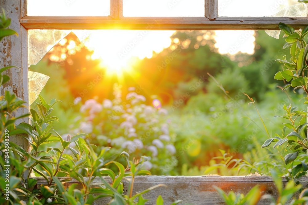 Poster a window with a view of a garden and a sun shining through it