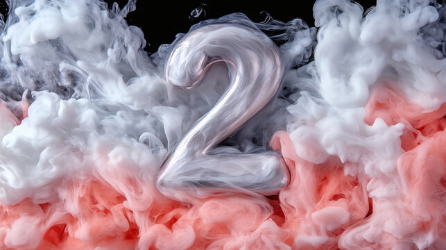 A bold number two emerges from vibrant swirls of smoke in red, white, and gray tones, creating an eye-catching composition against a dark background