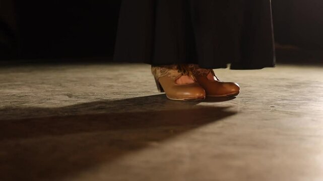 Flamenco dancers tap dancing on stage. Low POV, handheld