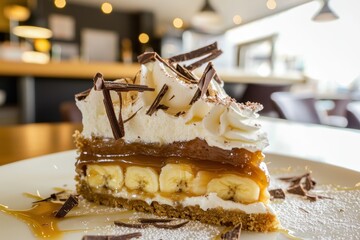 Banoffee Pie (UK) A rich banoffee pie with a visible cross-section showcasing layers of banana slices