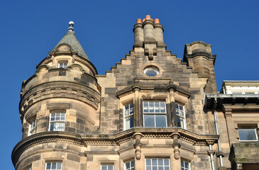 Cupola and Facade of Old 19th Century Stone Scottish Building seen from Below 